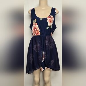Beware Dress 1X Sleeveless Stretch Bold Floral Sheer Overlay Mini Elastic Waist